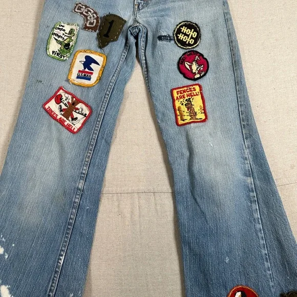 Levi's Custom Patchwork Flare Jeans Distressed Festival Boho 70s Hippie bell - Picture 12 of 12